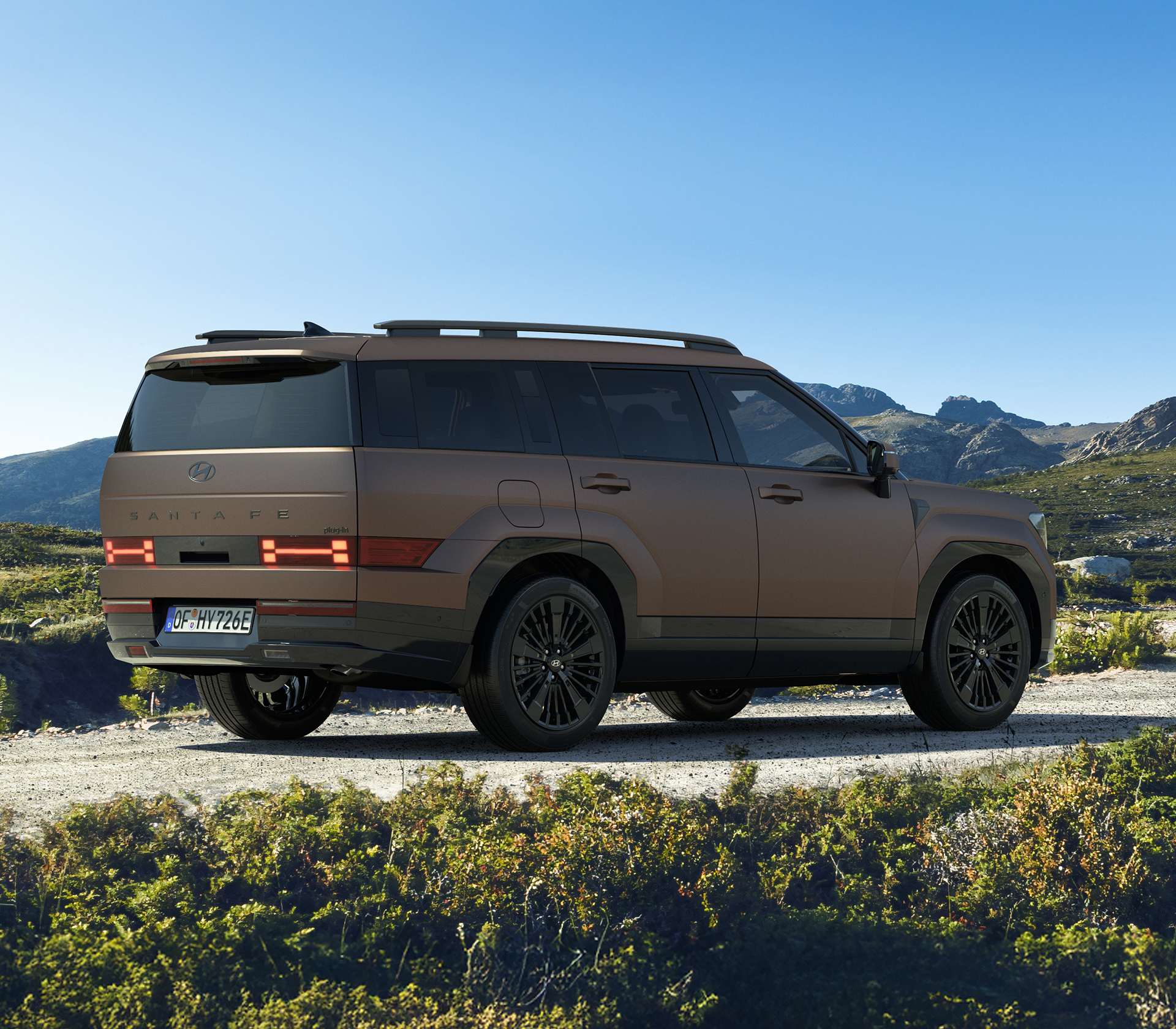 Hyundai SANTA FE schräg von hinten mit einem Gebüsch im Vordergrund 