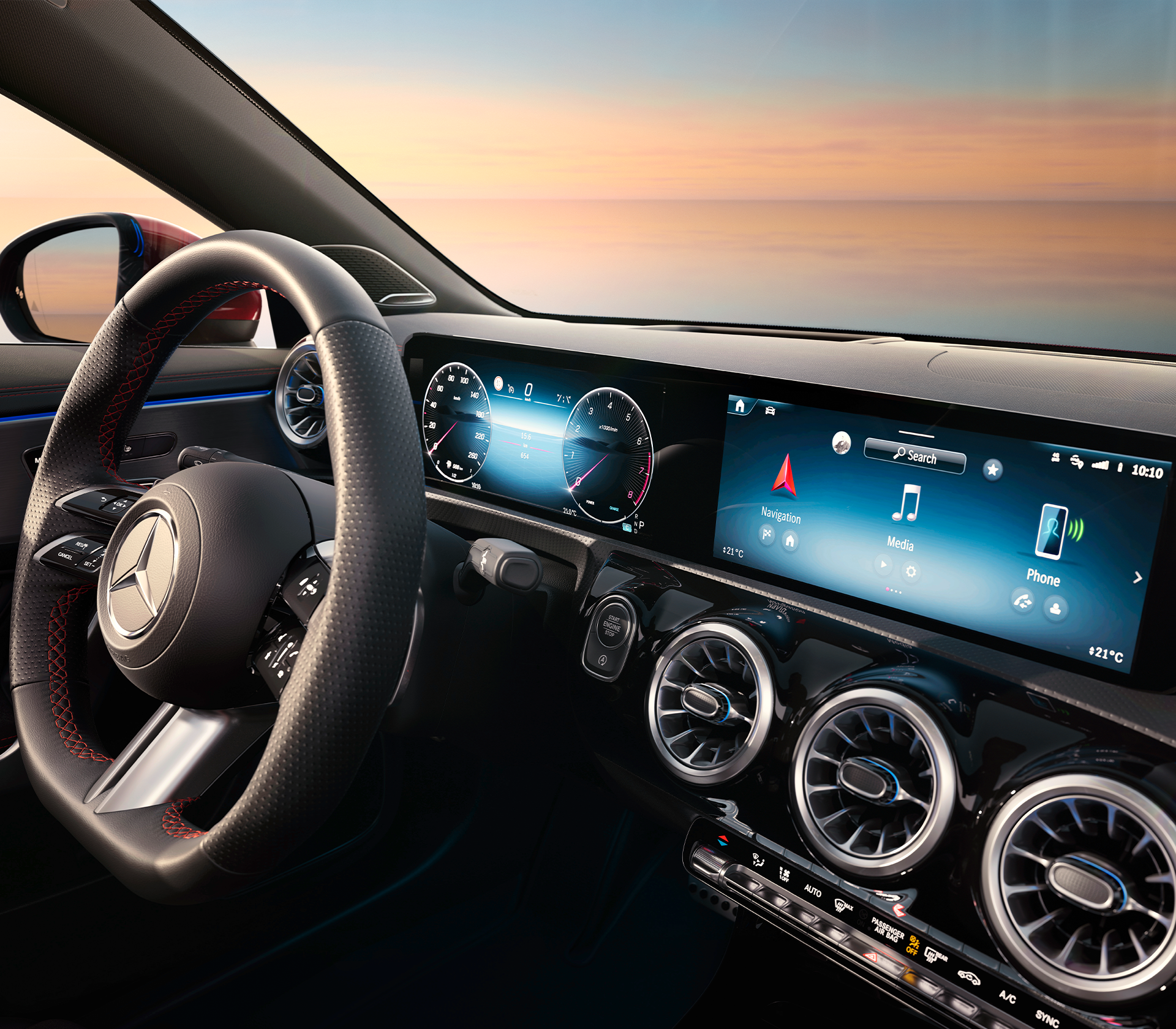 CLA-Shootingbrake Interieur Lenkrad und Bildschirm.