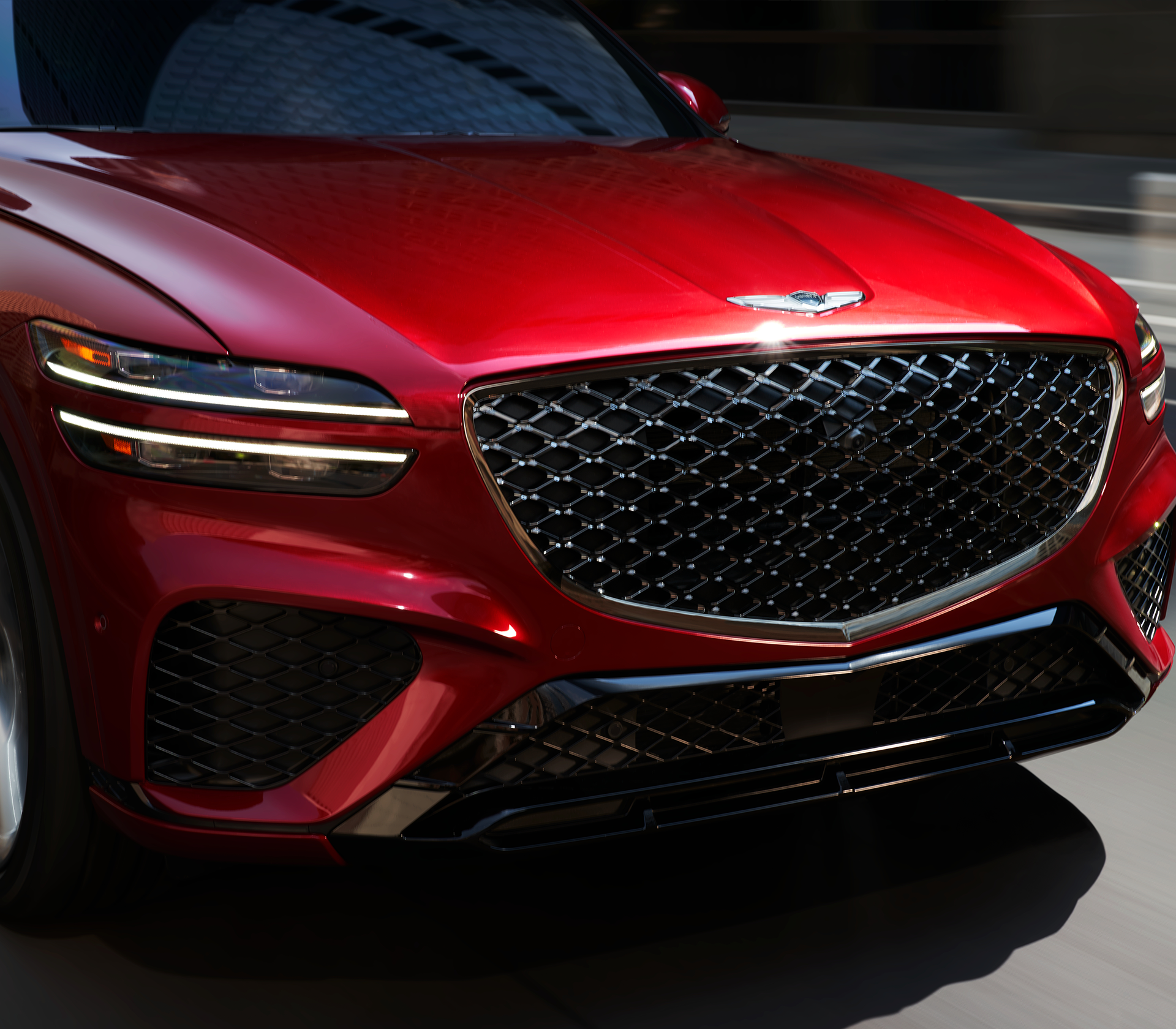 Genesis GV 70 Kühlergrill und Logo. Autofront in rot