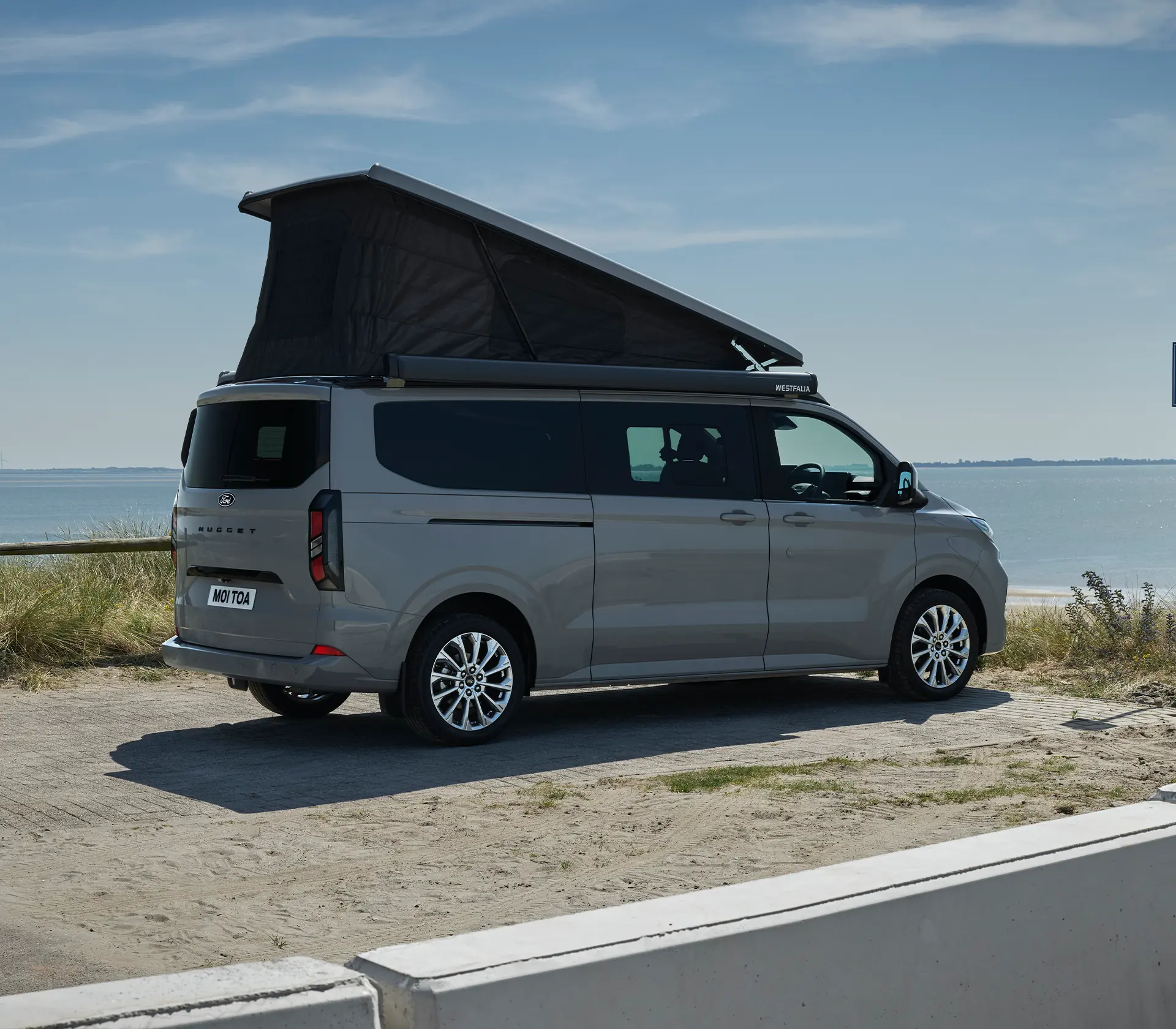 seitliche Ansicht auf grauen Nugget mit gehobenen Dach