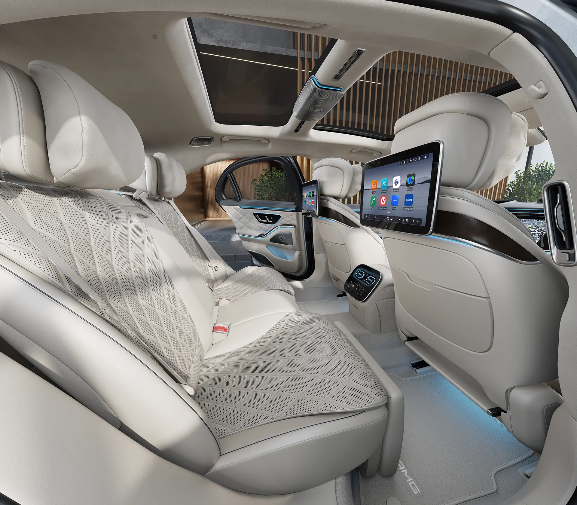 die Rückbank in der neuen S-Klasse in weiß