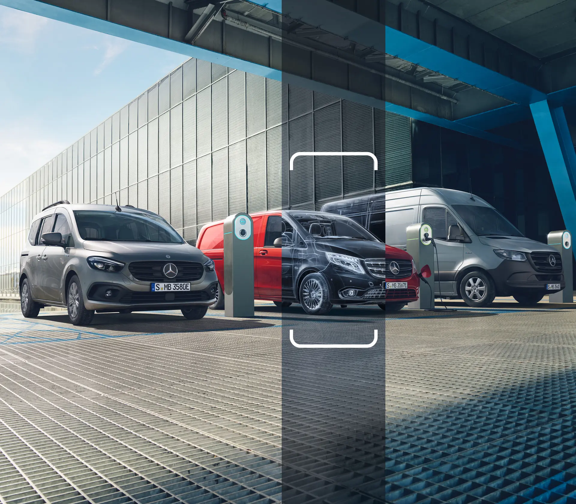 Zeigt drei Elektro Vans von Mercedes-Benz, die für das Qualitätssiegel Junge Sterne in Frage kommenund 