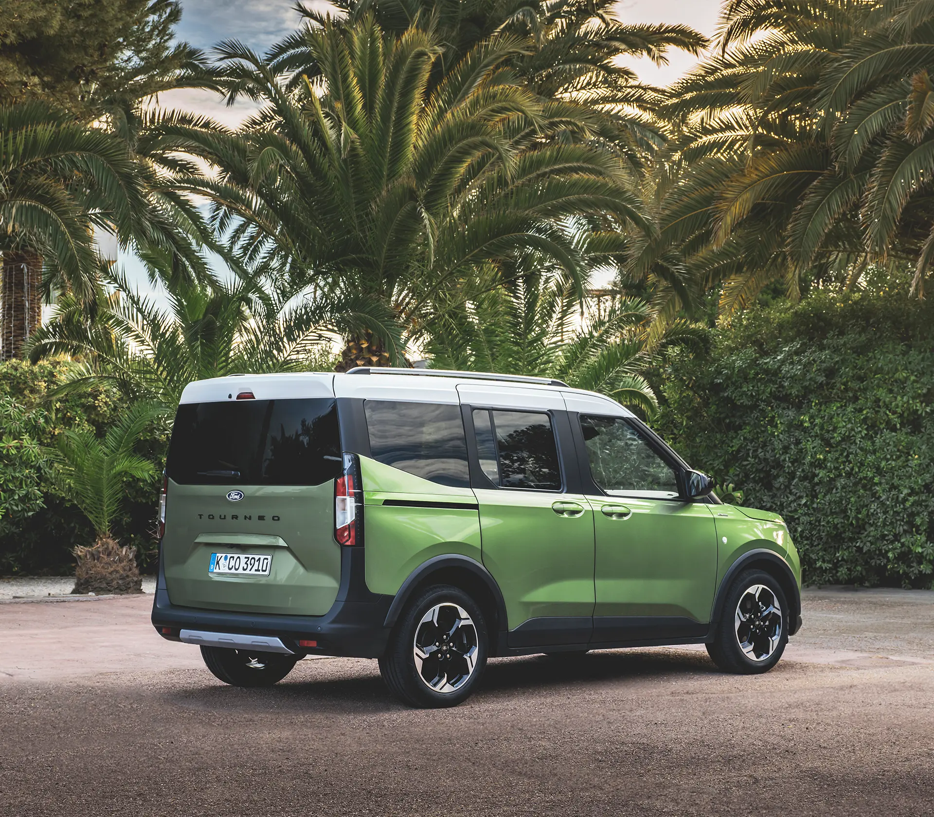 ein grüner Tourneo Courier im Stand von hinten mit Plamen im Hintergrund