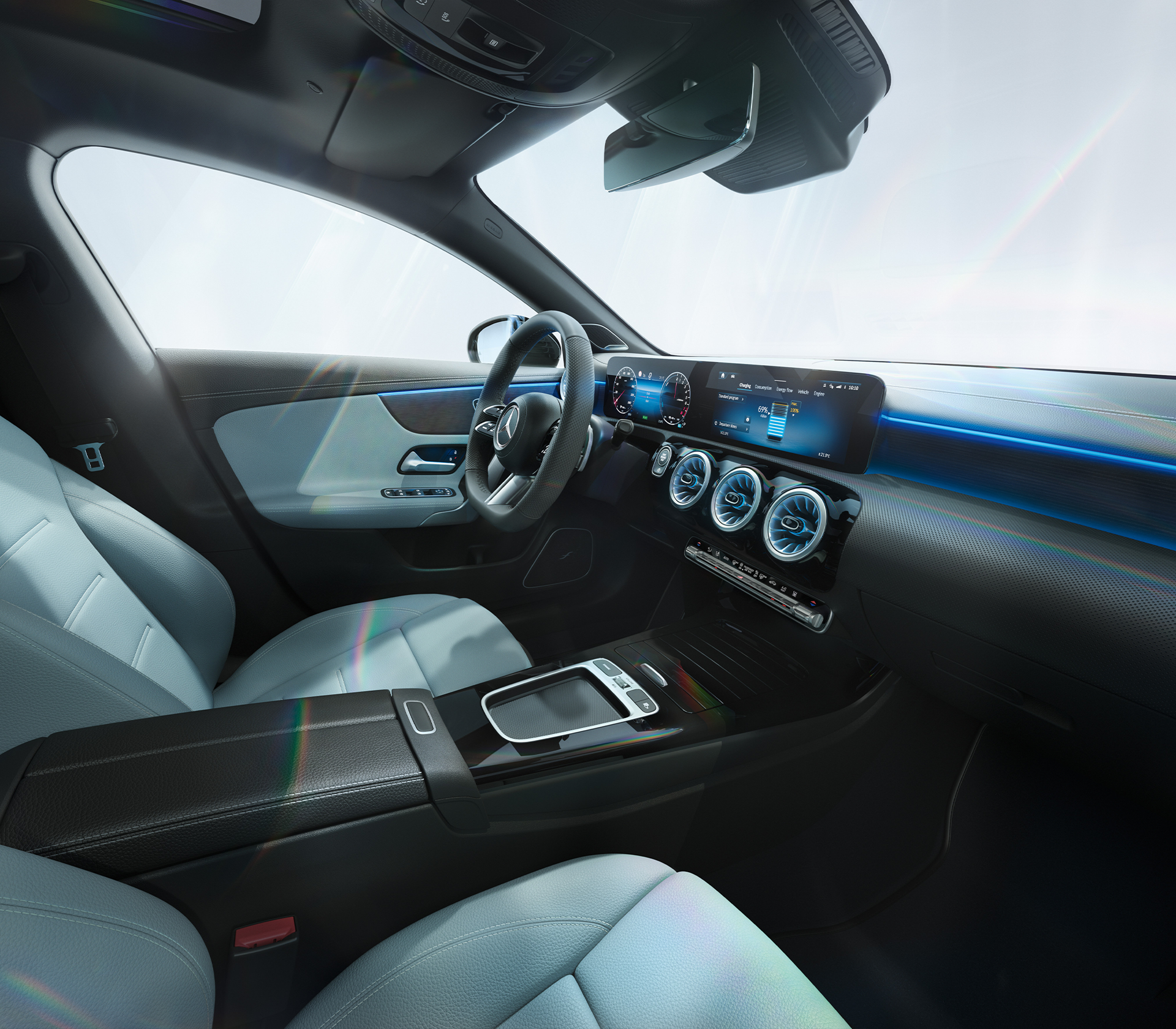 CLA-Shootingbrake Interieur weiße Sitze.