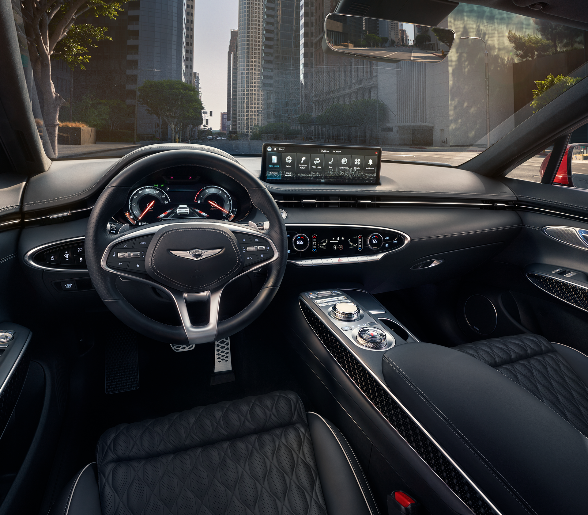 Genesis GV 70 Innenansciht Lenkrad und Sitze in schwarz