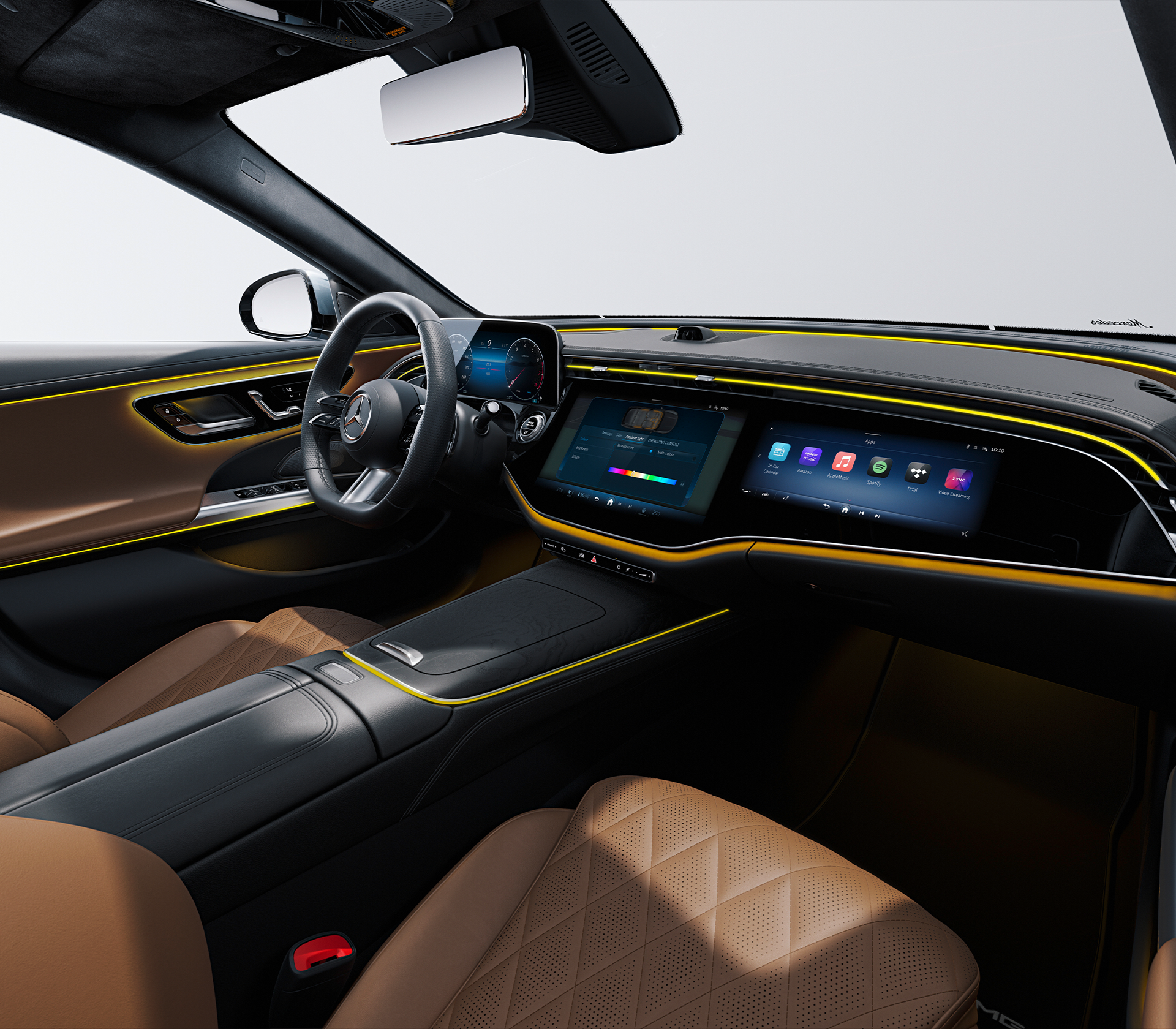Mercedes-Benz E-Klasse T-Modell All Terrain Innenansicht mit braunen Ledersitzen. 