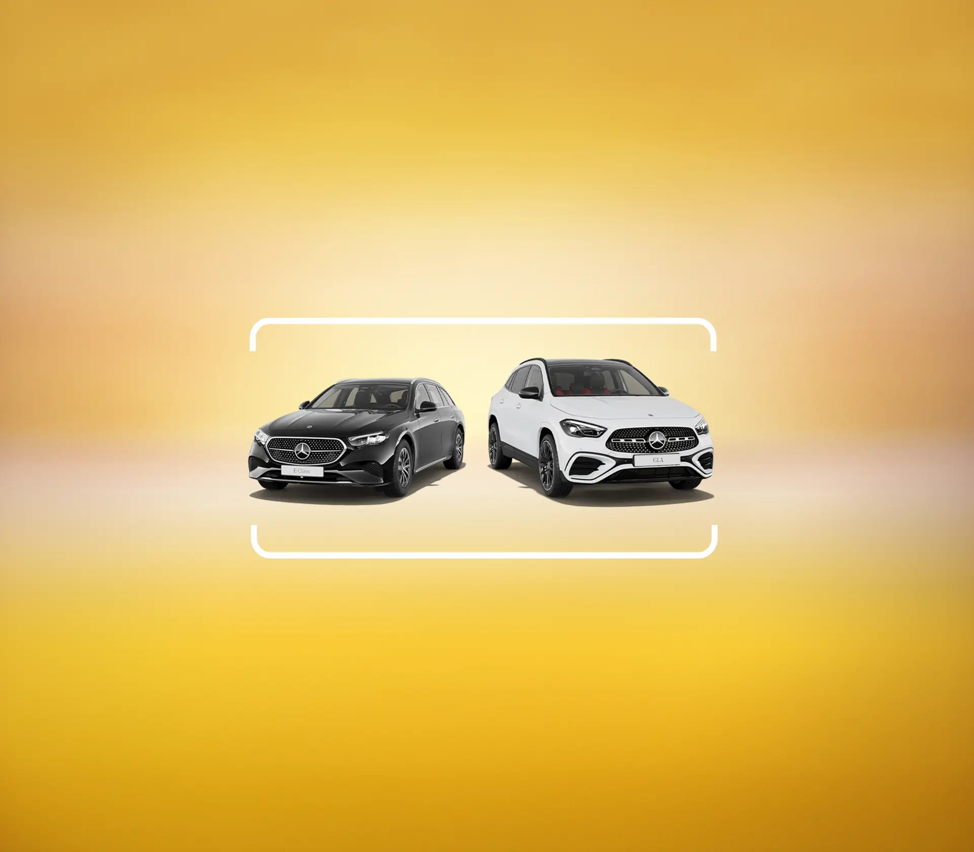 Mercedes-Benz schwarze E-Klasse und weißer GLC auf gelbem Hintergrund