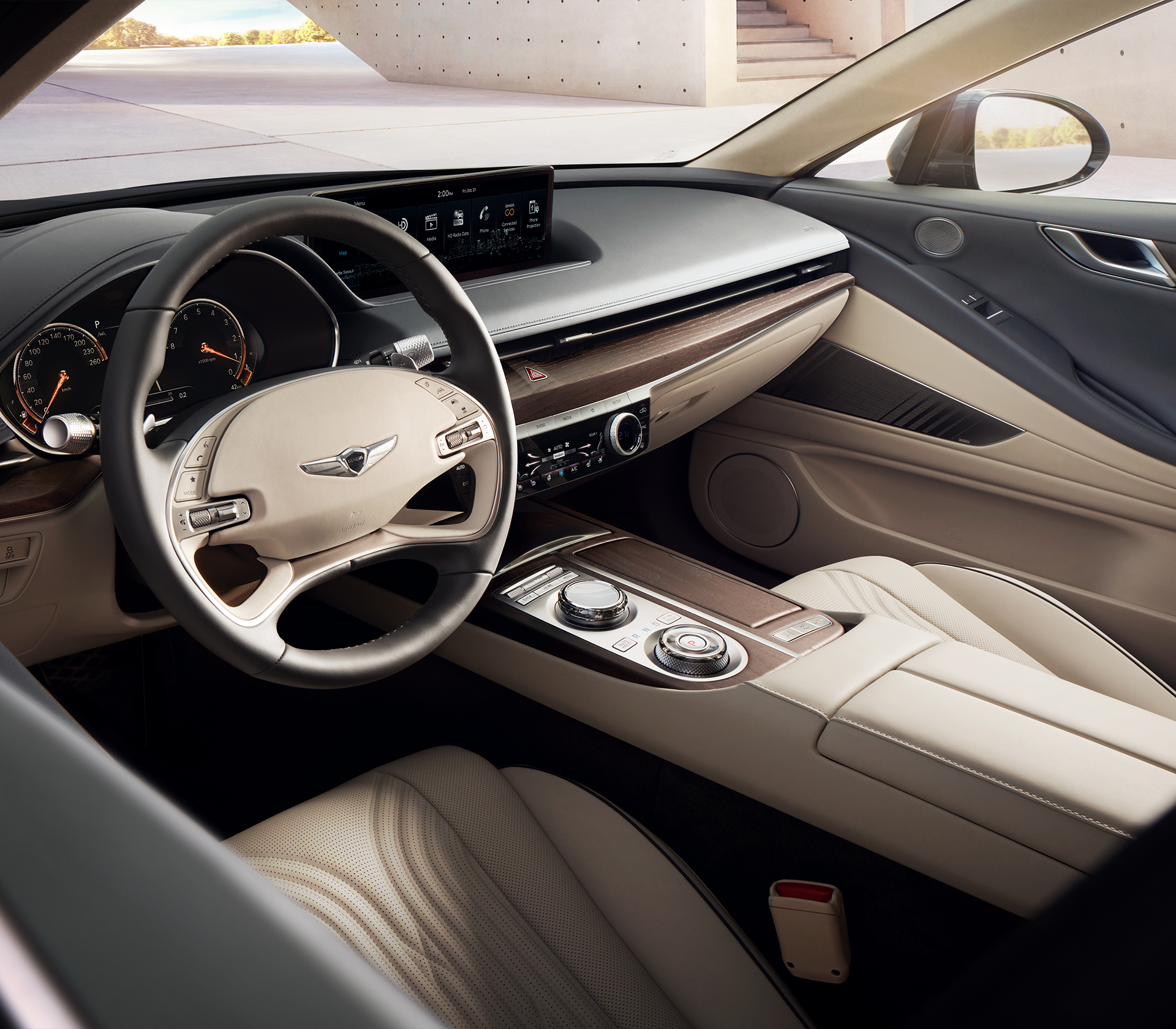 Genesis G80 Innenansciht des Lenkrads und weißen Interieurs