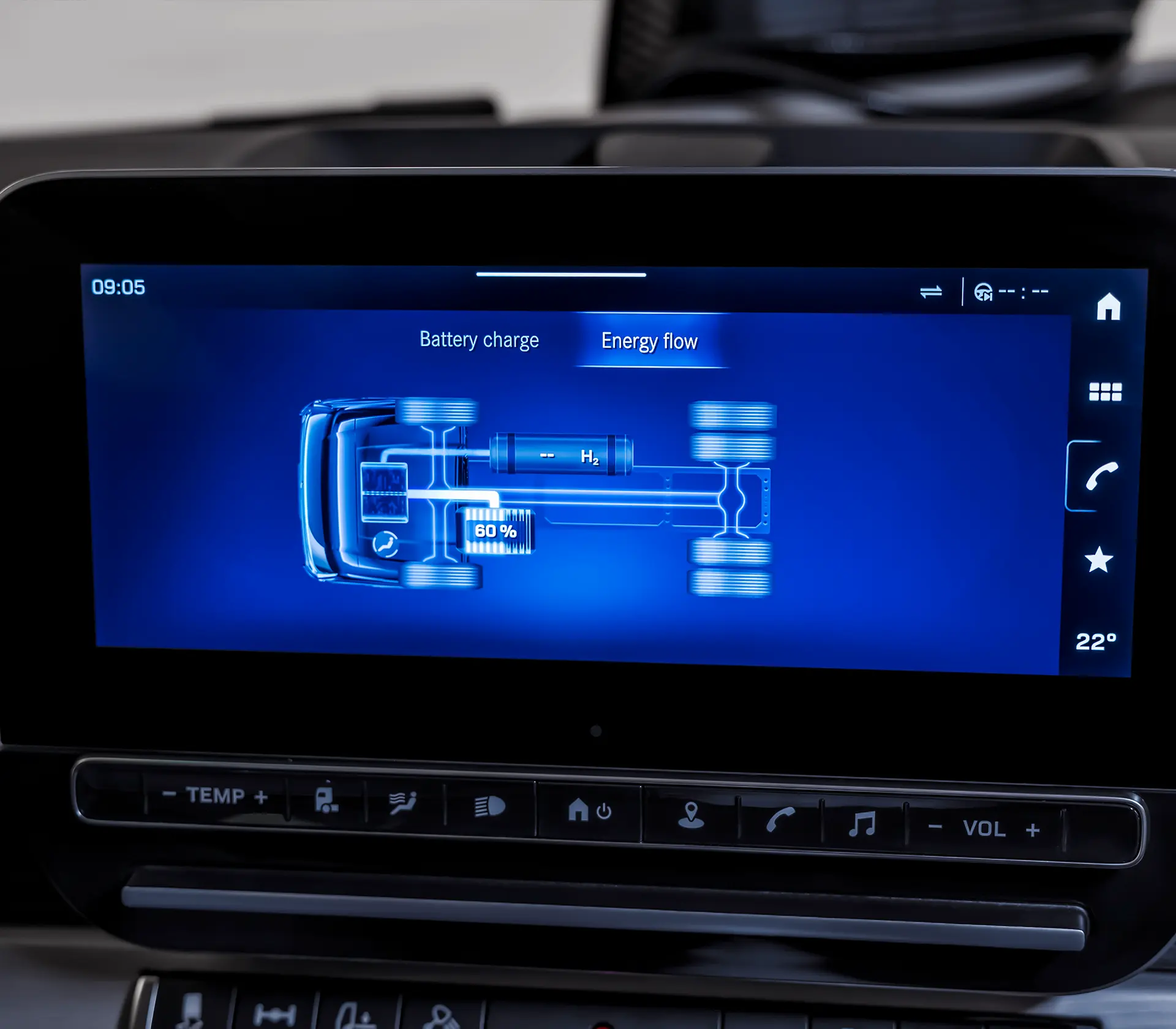 das Interieur im NextGenH2 Truck, welches den Batterie Charge anzeigt