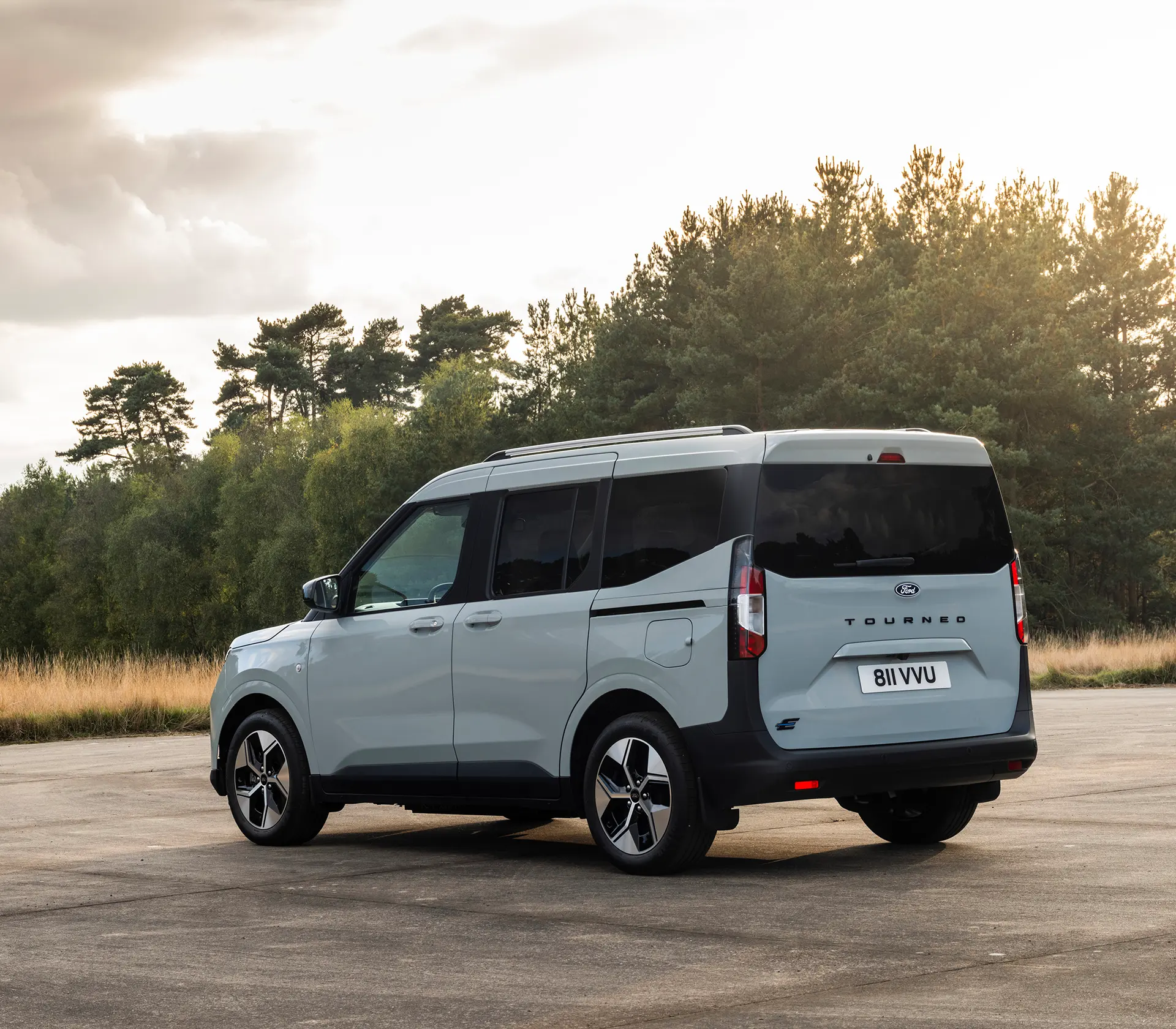 grauer E-Tourneo Courier mit Bäumen im Hintergrund